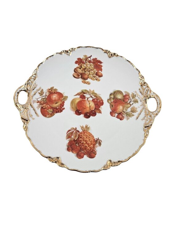 Hutschenreuther Other - Hutschenreuther Serving Tray Cake Plate Fruit Design Gold Handles Germany Vintag